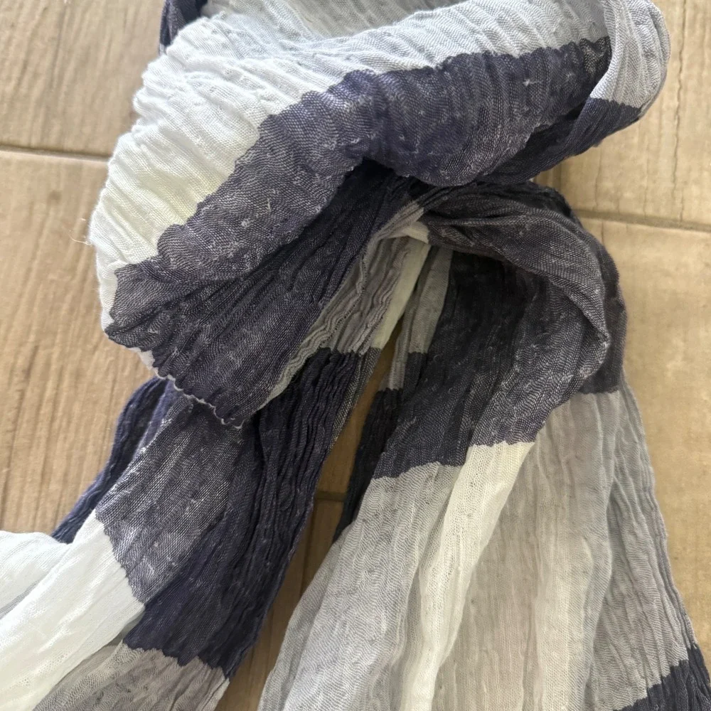 Eileen Fisher Linen Organic Cotton Striped Scarf Navy Blue White Fringed Gauze